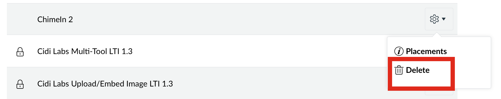 Delete Placement option for an older ChimeIn app