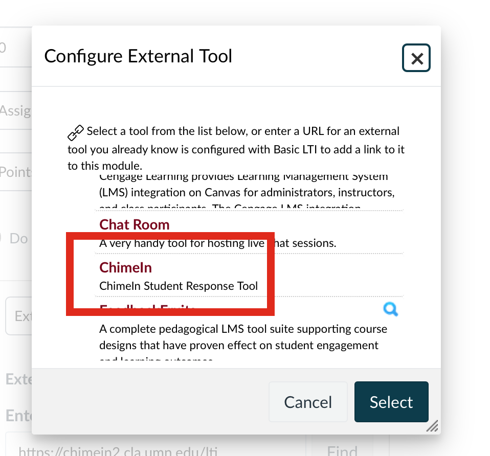 External tool picker with ChimeIn selected